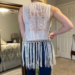 Crocheted And Embroidered Open Front Vest with Fringe